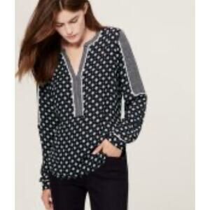 LOFT Mixed Print Popover Top Womens Small Navy Ivory Long Sleeve Peasant Blouse